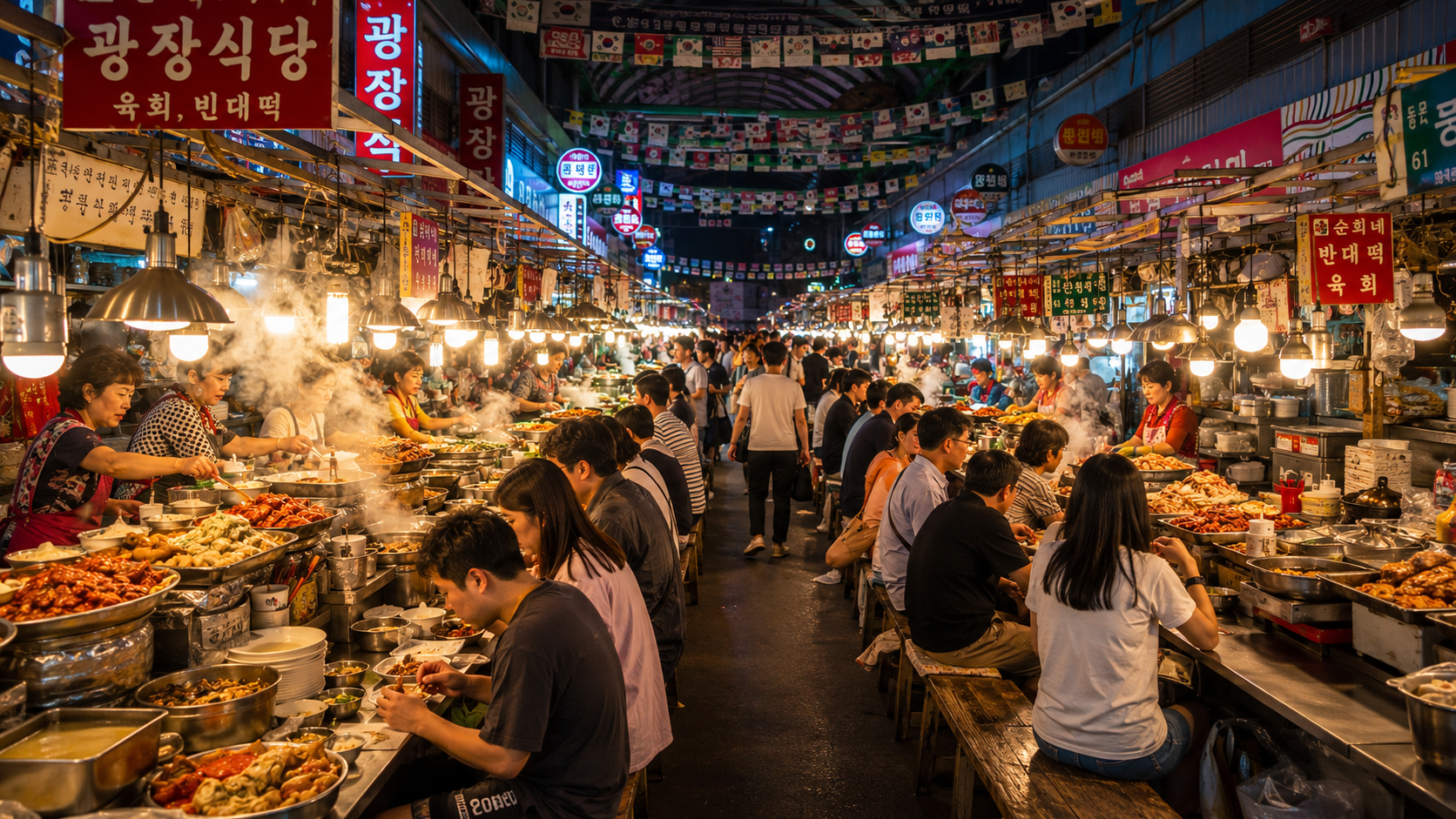 Vibrant lights and bustling street food stalls packed with locals inside Seoul's Gwangjang Market