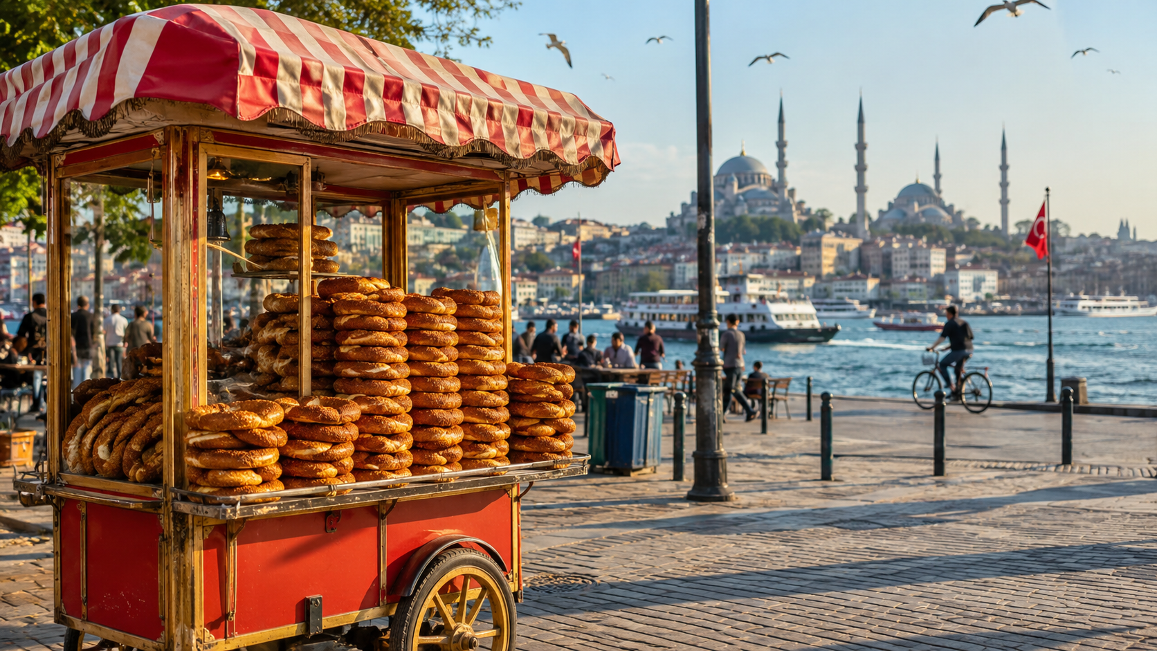 An iconic red glass simit cart stacked with sesame-crusted Turkish bread near the Bosphorus Istanbul