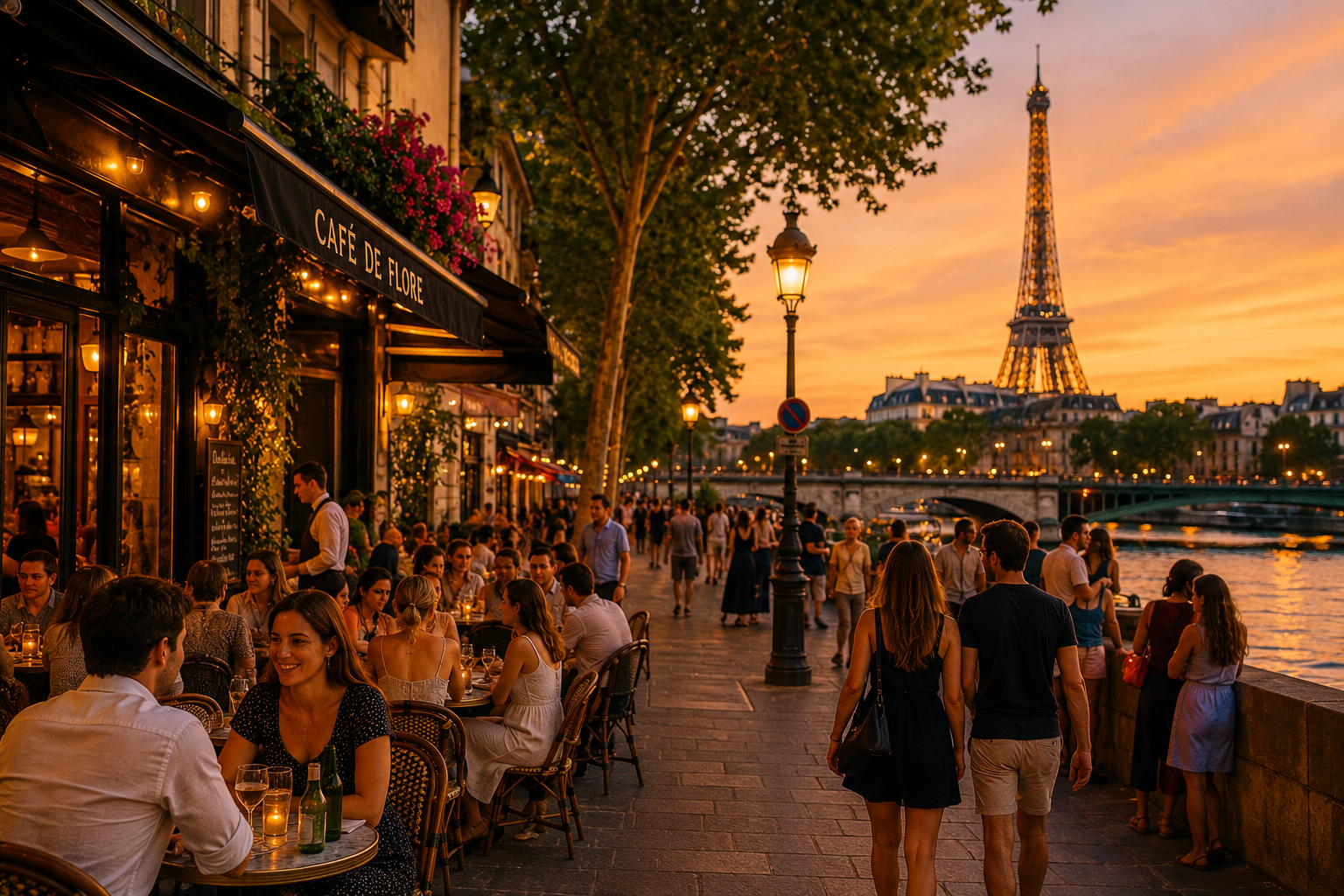 Travelers enjoying the atmosphere of Paris during a warm summer evening
