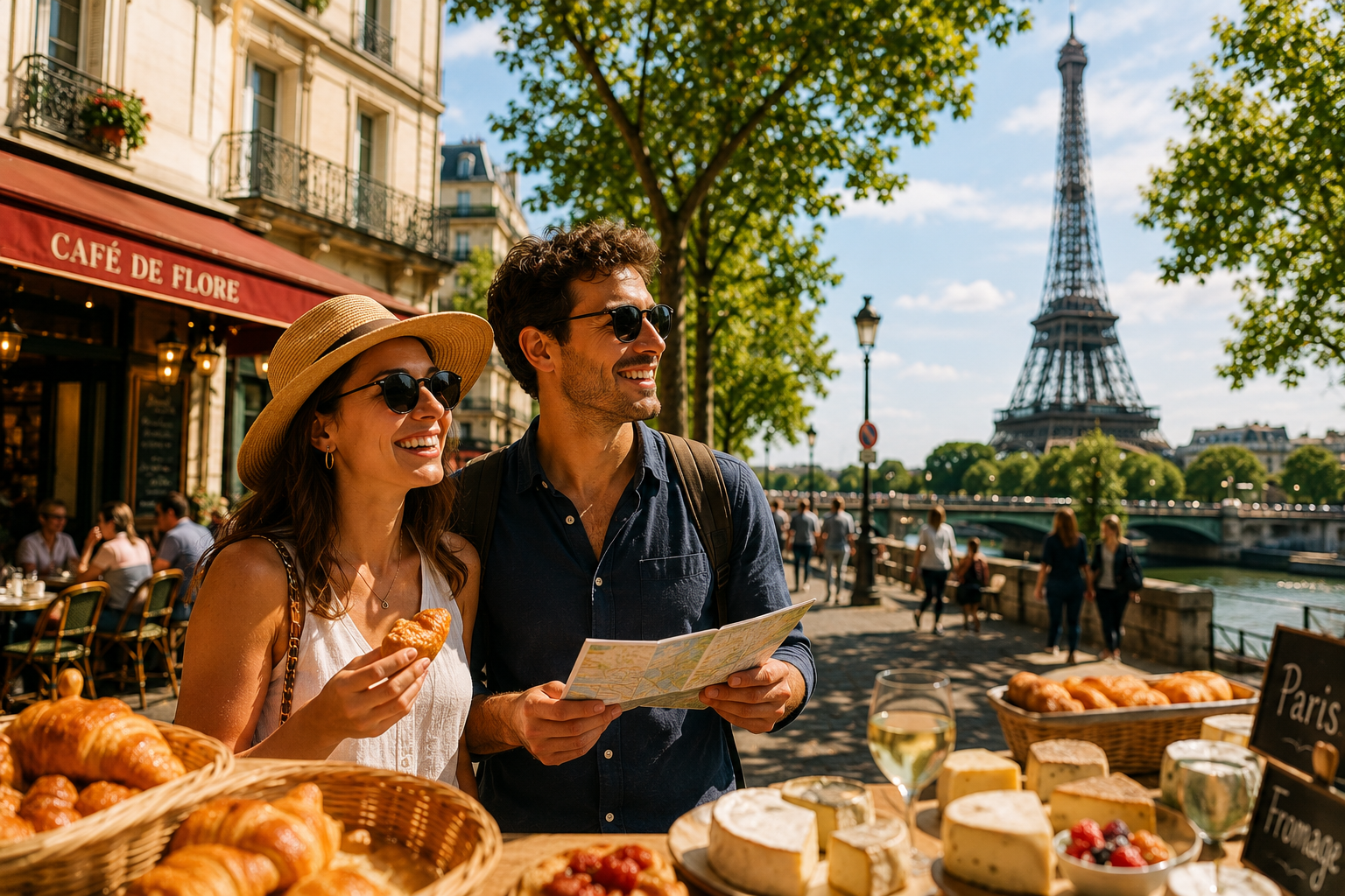 Voyageurs découvrant la beauté, la gastronomie et l'atmosphère de Paris pendant l'été