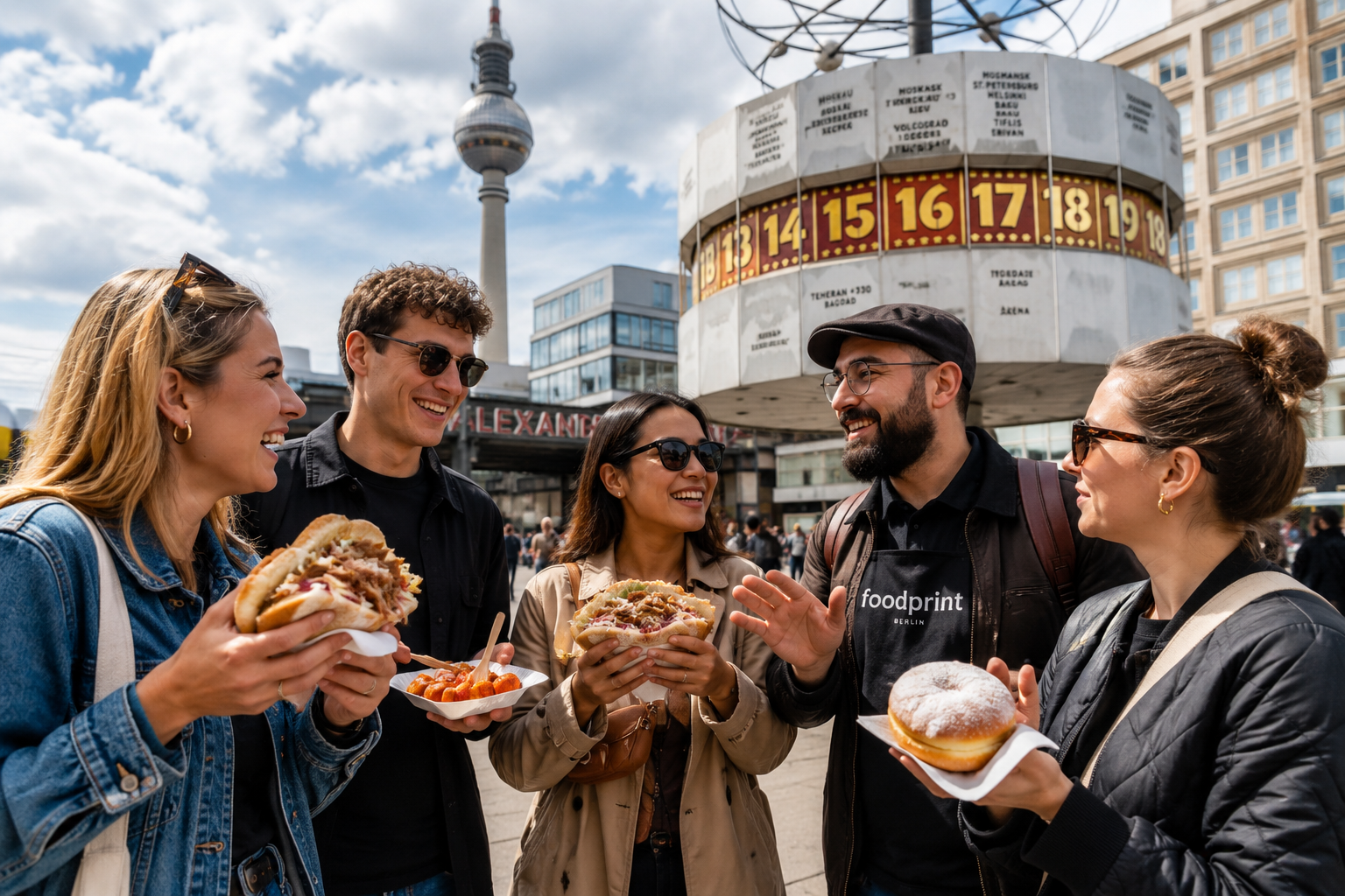Travelers enjoying iconic Berlin street food during a guided food tour near Alexanderplatz.