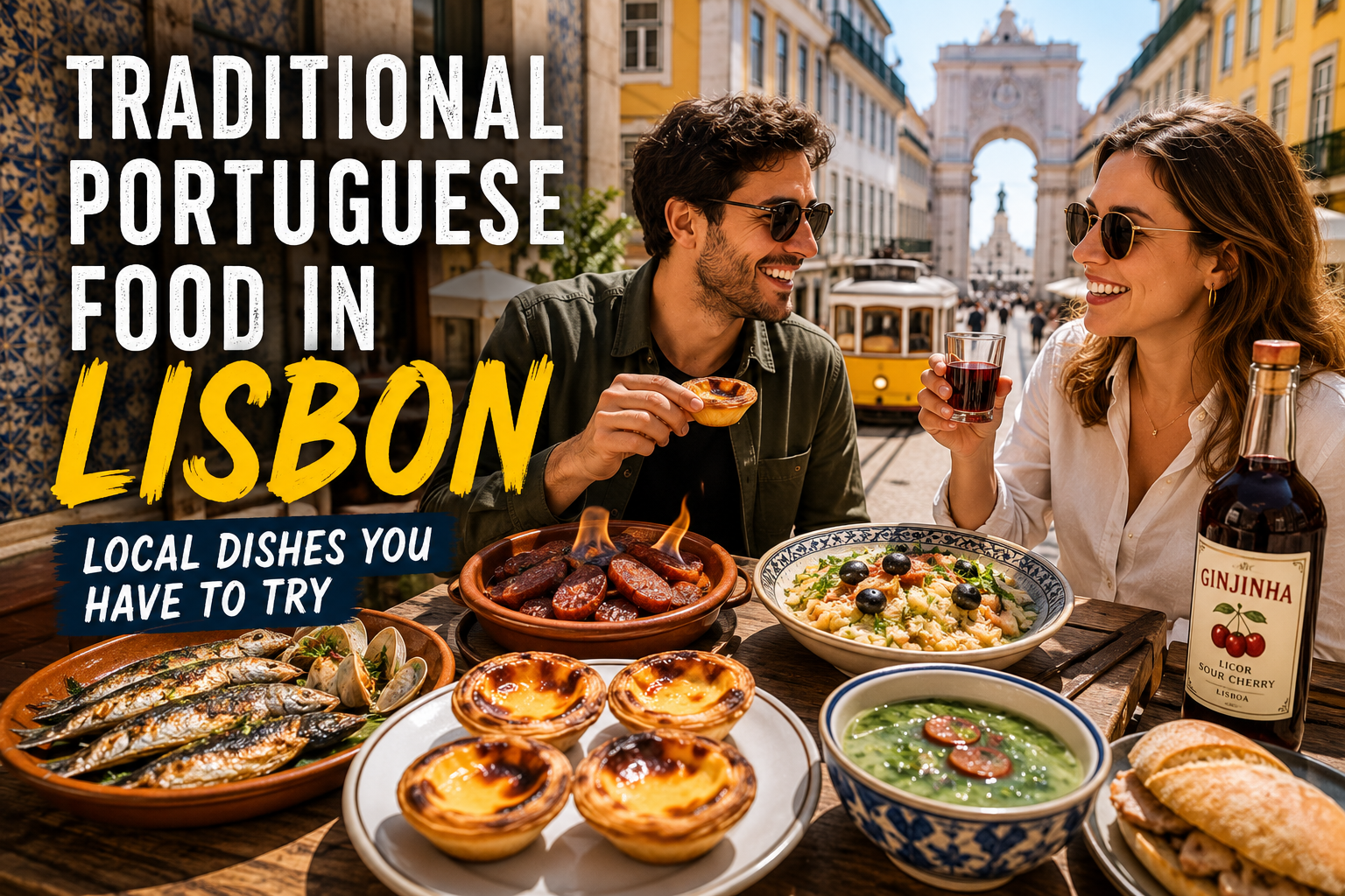 Viajeros descubriendo platos tradicionales portugueses y la gastronomía local en Lisboa.