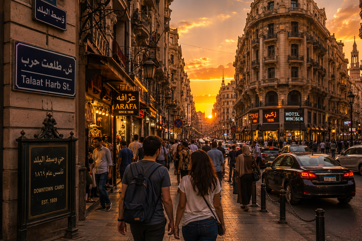 Voyageurs découvrant les rues animées et la culture du centre-ville du Caire au coucher du soleil