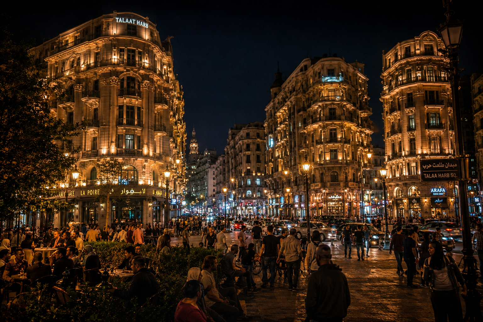 Historic Downtown Cairo illuminated at night with locals and travelers enjoying the city