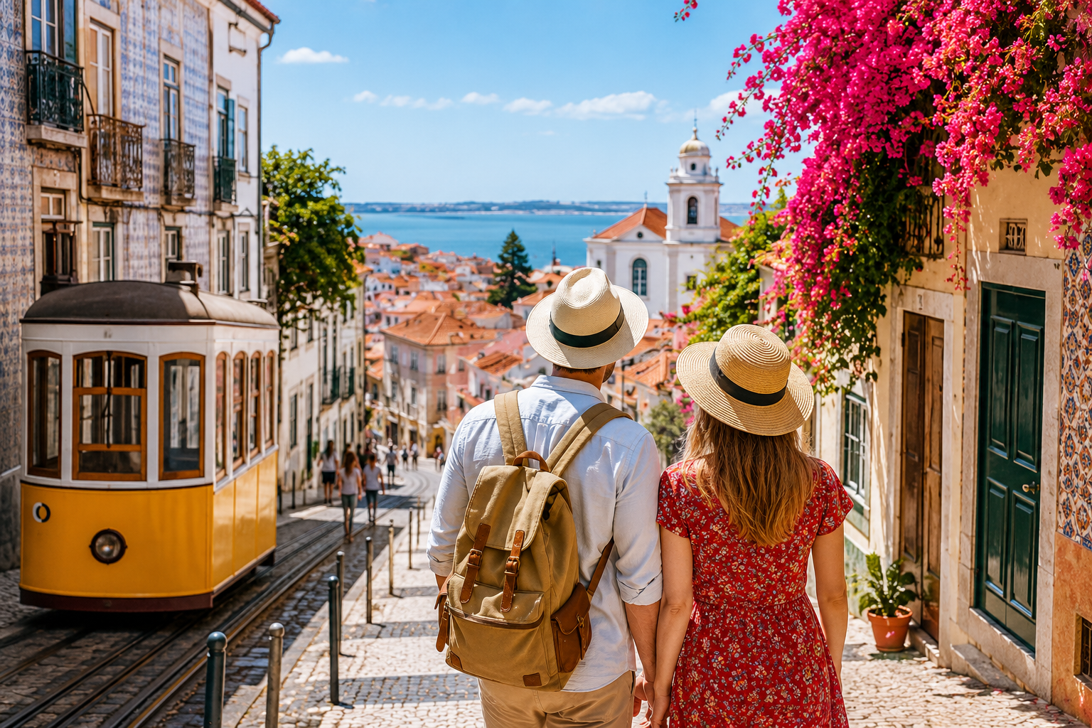 Viajeros explorando Lisboa en verano y disfrutando de sus barrios históricos y la cultura local.