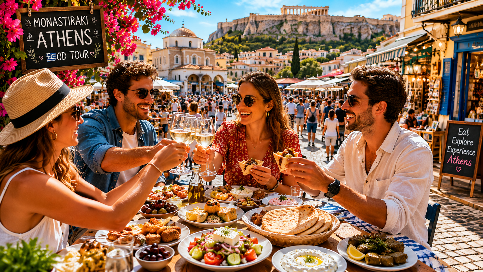 Reisende genießen traditionelle griechische Spezialitäten im historischen Viertel Monastiraki in Ath