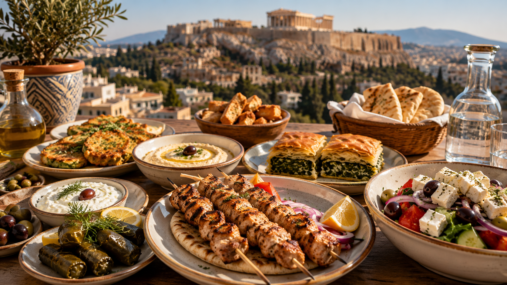 Traditional Greek dishes displayed in Athens, highlighting the diversity of Greek cuisine.