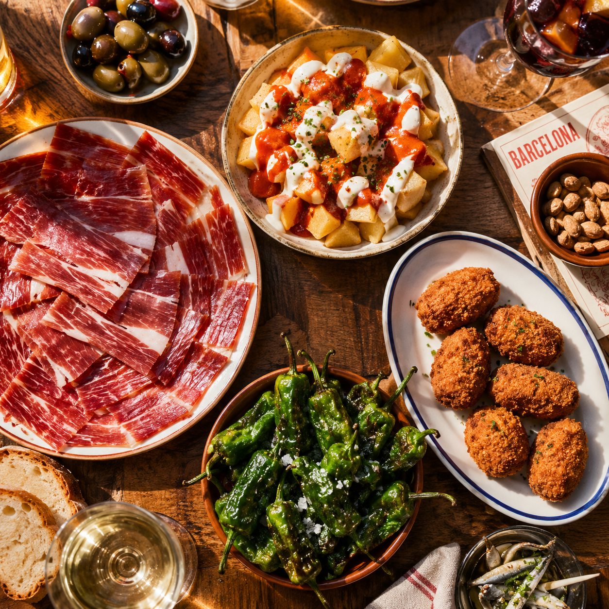 A vibrant bird's-eye view of a Spanish tapas spread on a rustic wooden table in Barcelona.