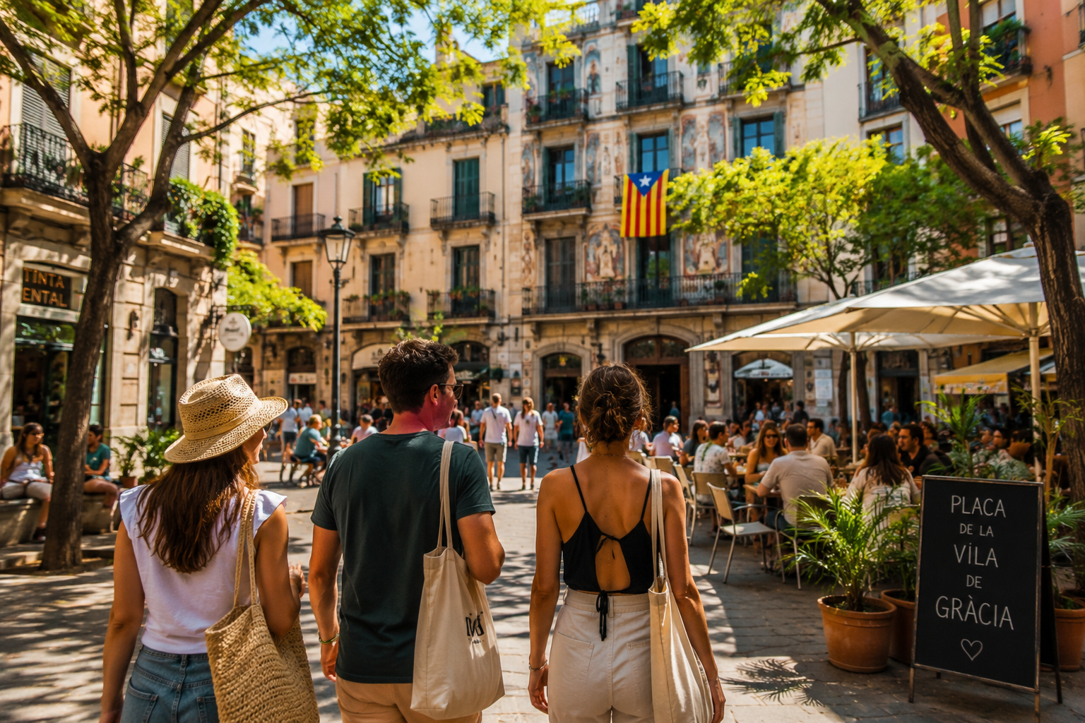 Viajeros explorando una animada plaza del barrio de Gràcia en Barcelona durante el verano