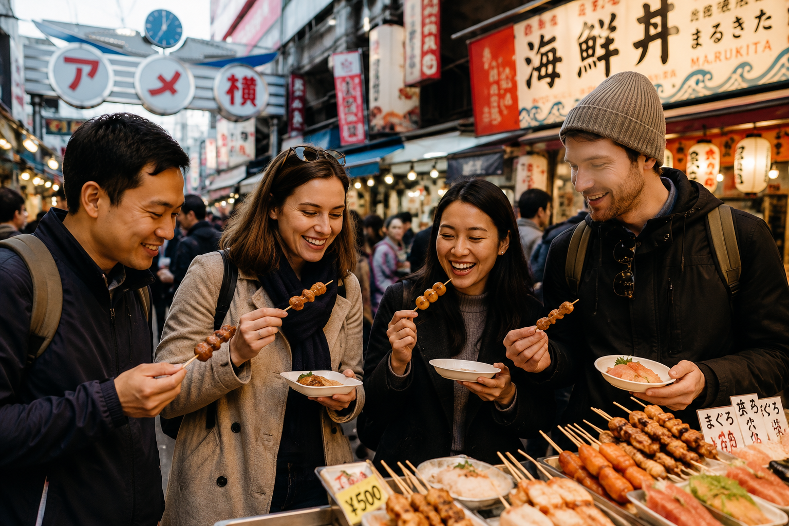 Travelers enjoying authentic Japanese street food during Tokyo food tour in Ueno and Ameyoko Market