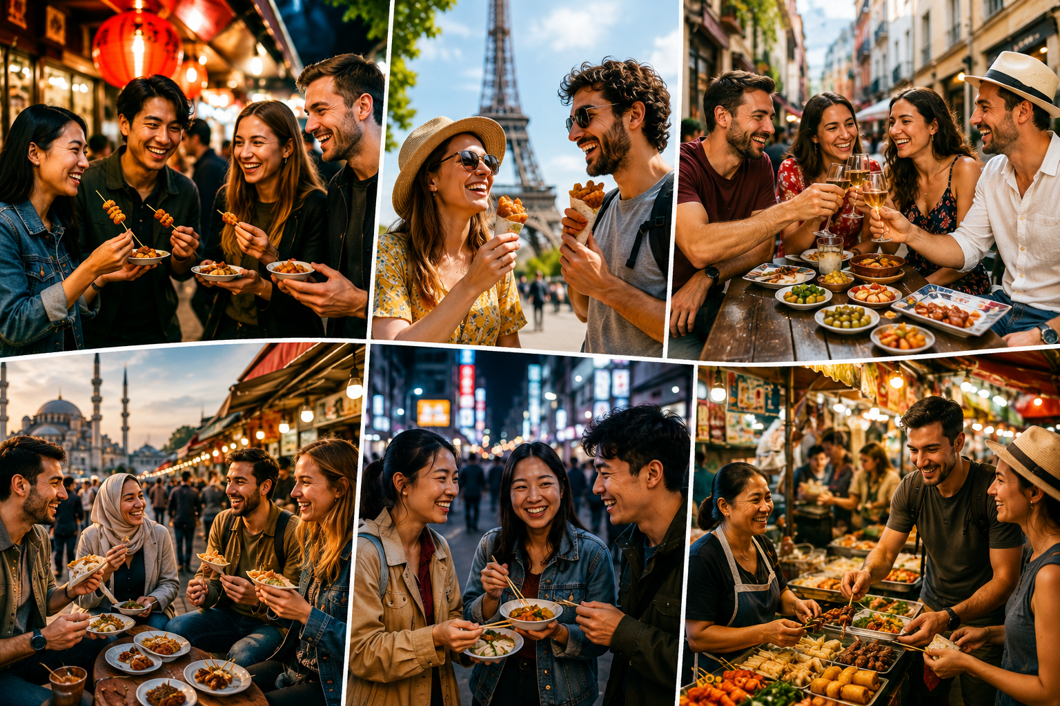 Viajeros disfrutando auténticos food tours y experiencias de comida callejera alrededor del mundo