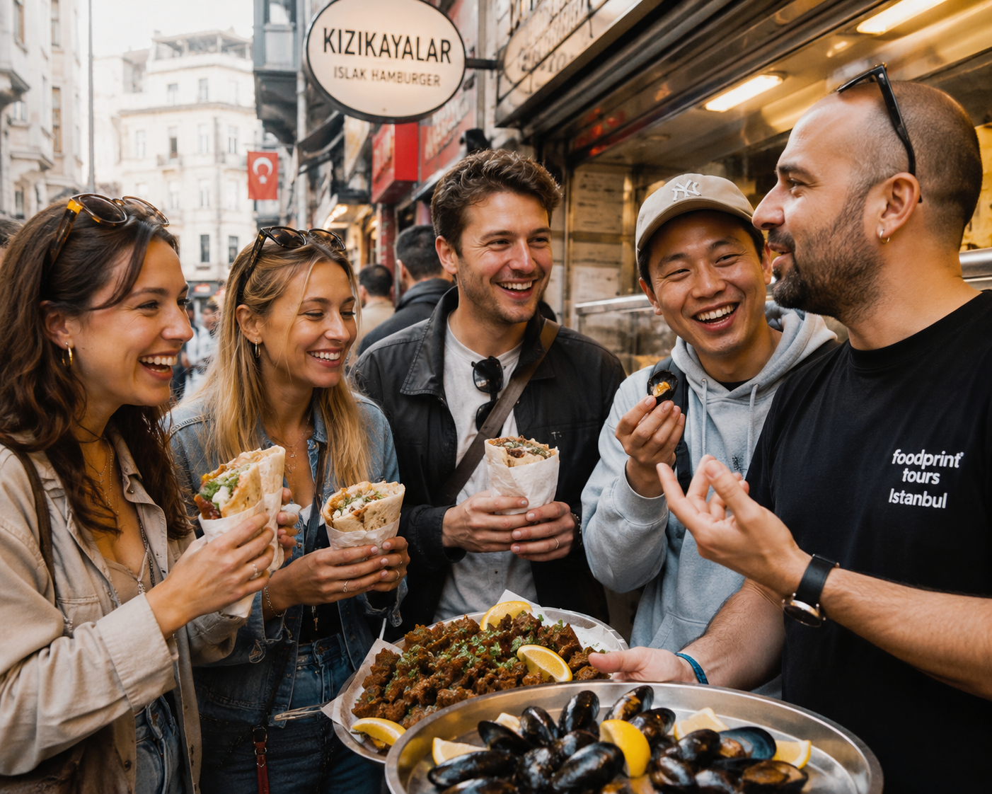 Voyageurs découvrant la street food turque pendant un food tour à Kadıköy Istanbul