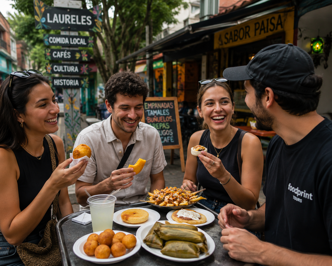 Travelers enjoying authentic Colombian street food during a food tour in Laureles Medellín