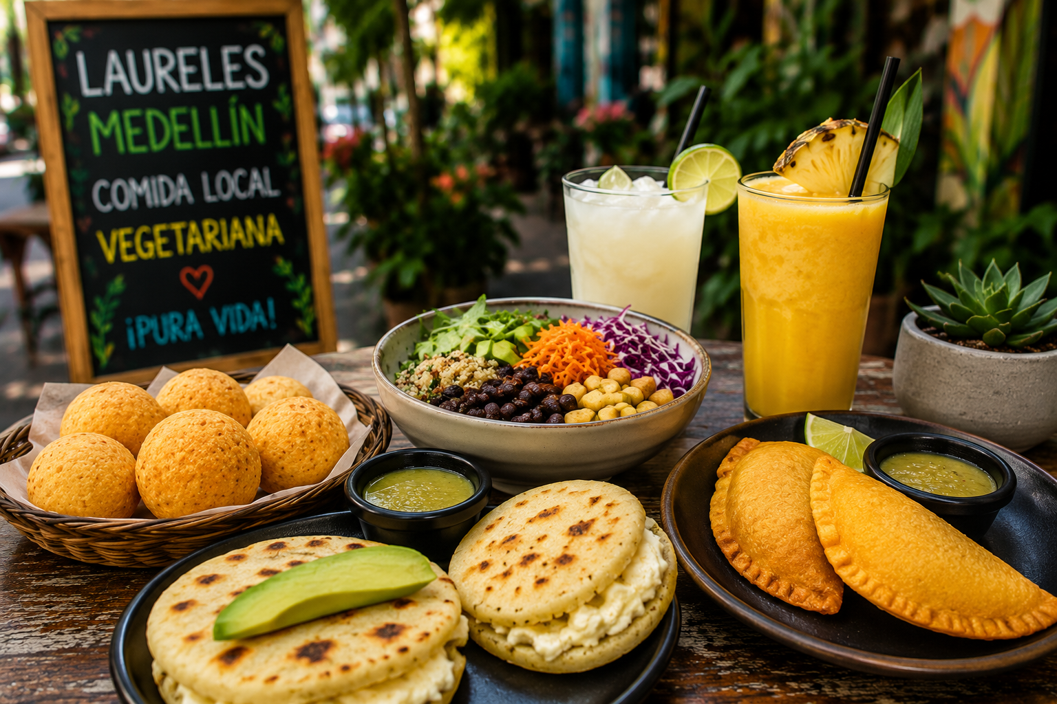 Voyageurs dégustant de la cuisine colombienne végétarienne et des boissons tropicales à Laureles