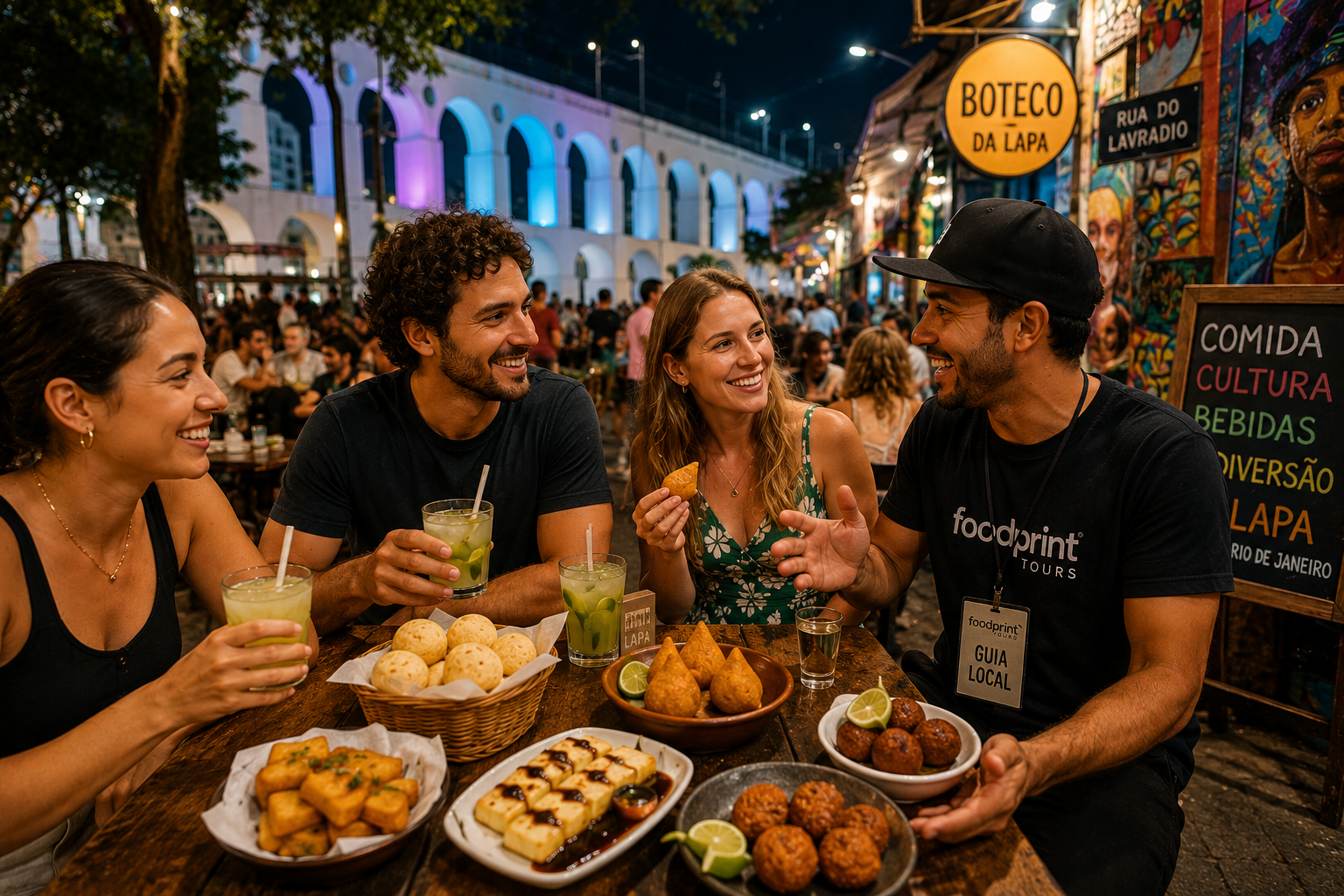 Viajantes experimentando comida brasileira e drinks durante um food tour na Lapa Rio de Janeiro