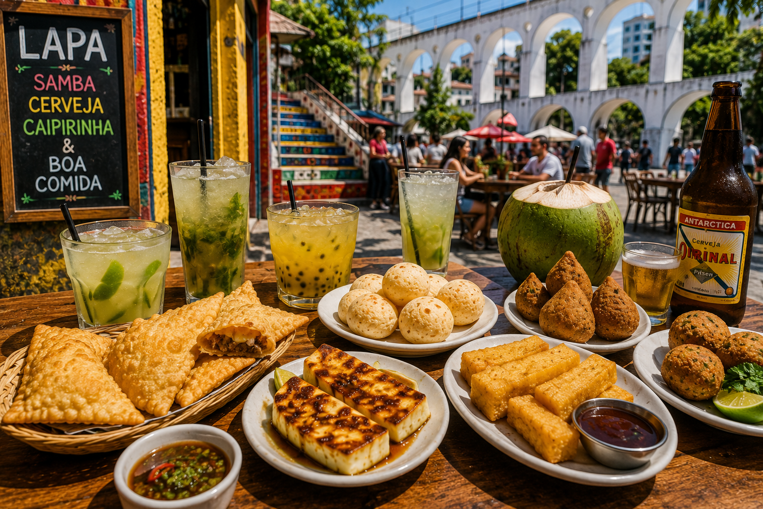 Travelers trying traditional Brazilian street food and drinks in Lapa Rio de Janeiro