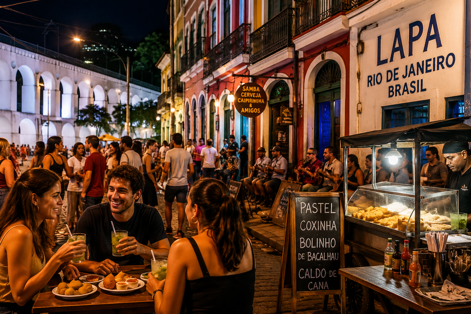 Viajantes explorando bares e comida de rua na Lapa Rio de Janeiro durante a noite