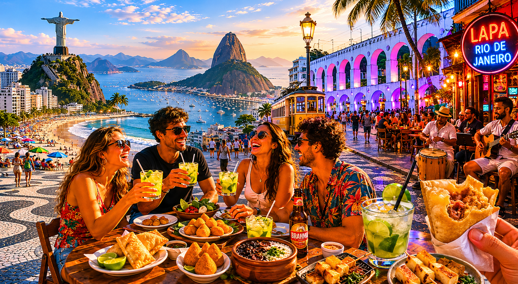 Viajantes explorando praias comida brasileira vida noturna e cultura local no Rio de Janeiro