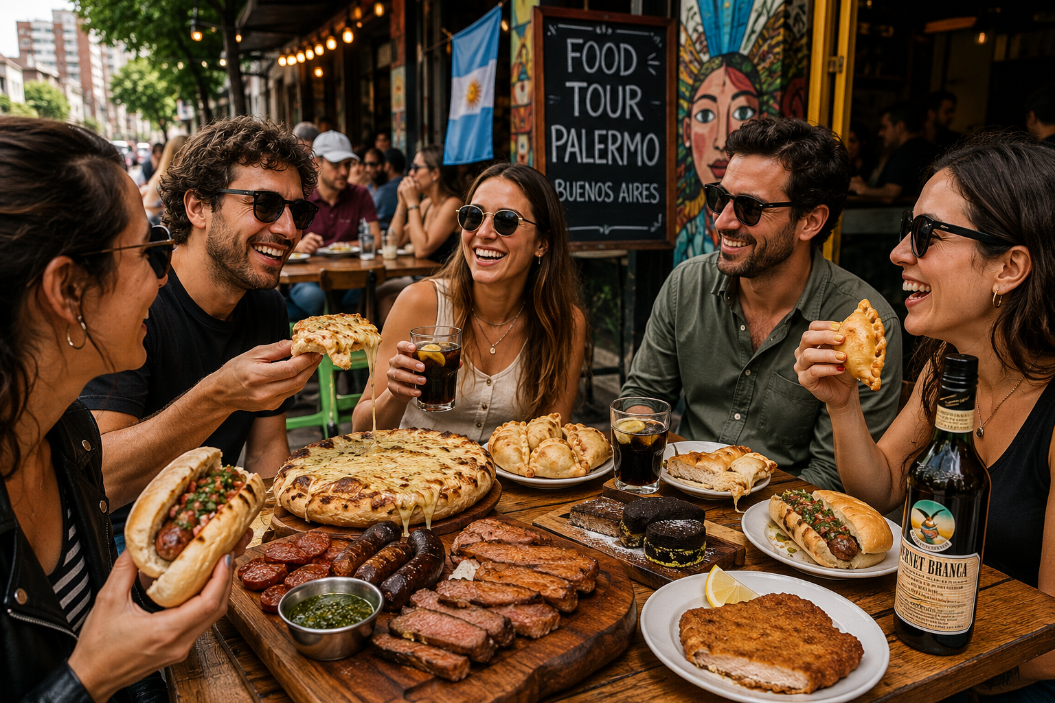 Travelers enjoying Argentine food during a food tour in Palermo Buenos Aires