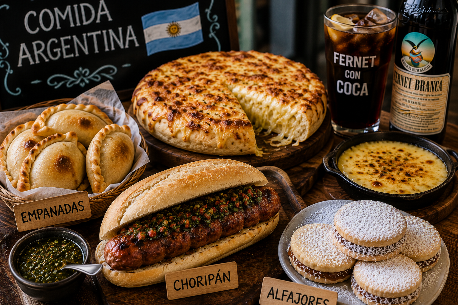 Comidas tradicionales argentinas incluyendo empanadas choripán fugazzeta y alfajores en Buenos Aires
