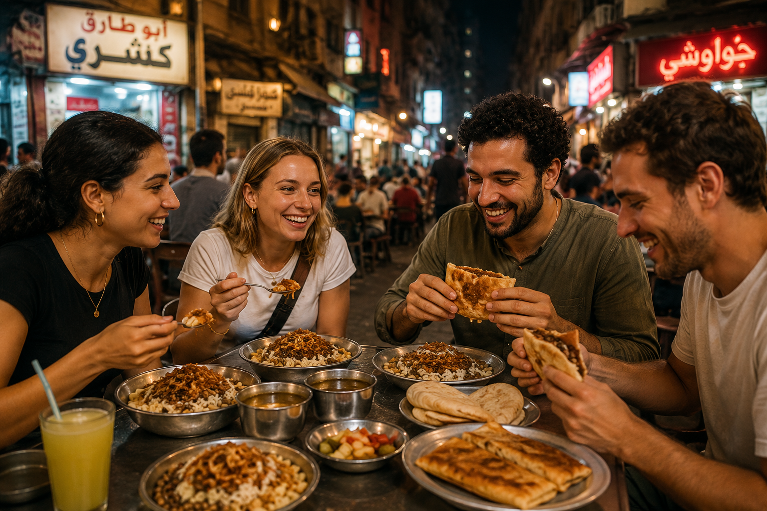 Voyageurs dégustant de la street food égyptienne traditionnelle dans le centre-ville du Caire