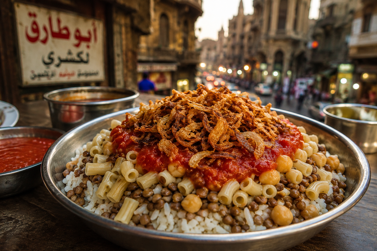 Traditional Egyptian koshary served in Downtown Cairo with rice pasta lentils chickpeas and crispy onions