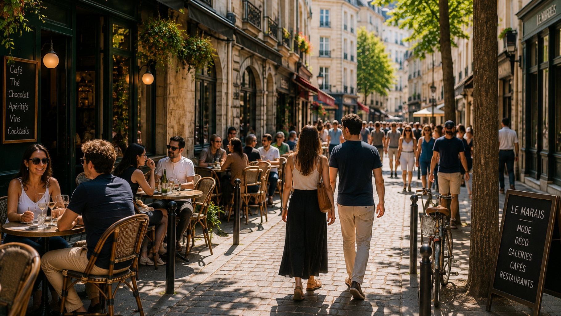 Locals and visitors enjoying the atmosphere of Le Marais on a warm Paris afternoon