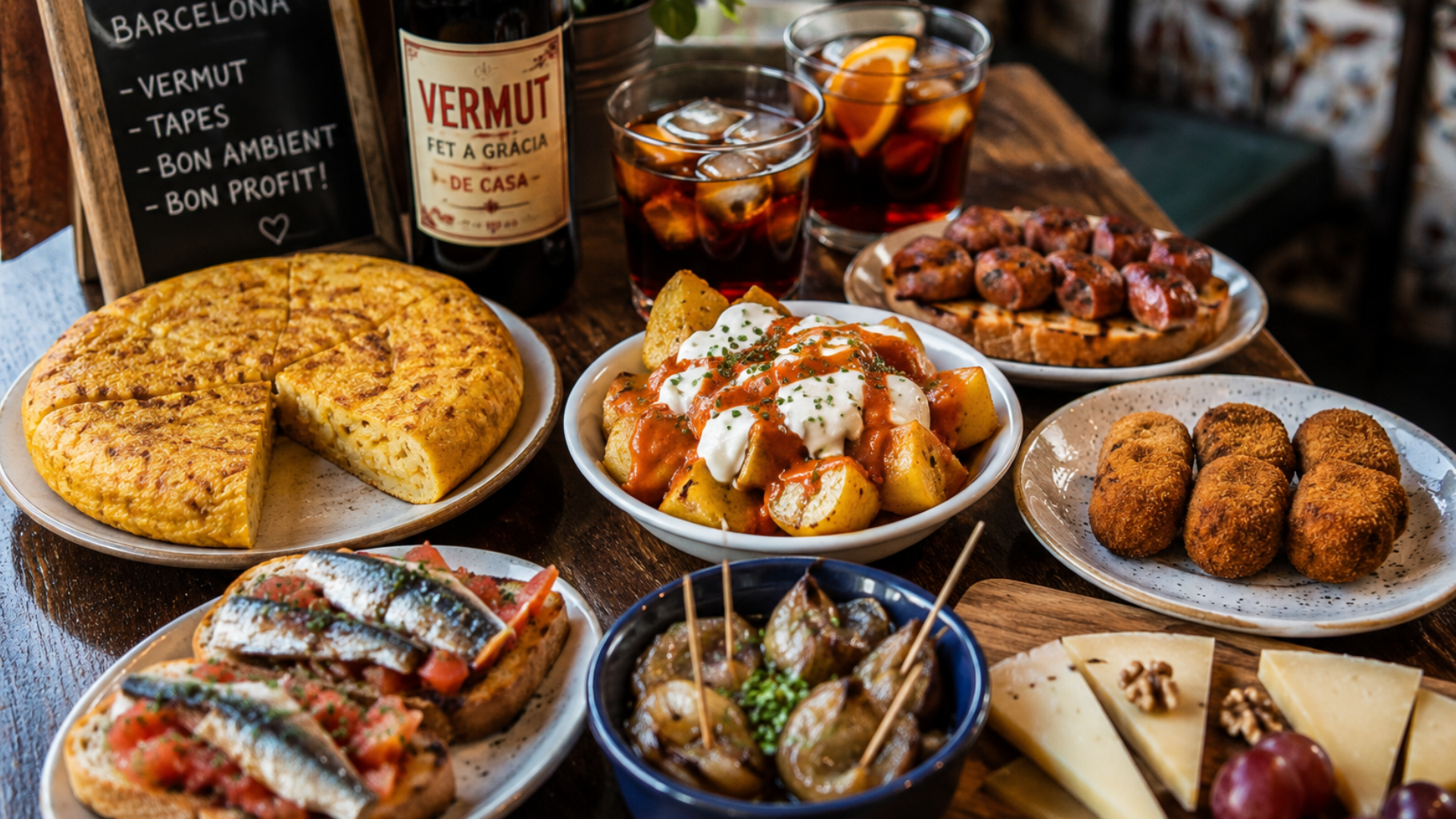 Table garnie de spécialités catalanes traditionnelles avec tortilla, croquetas, patatas bravas et vermouth à Gràcia