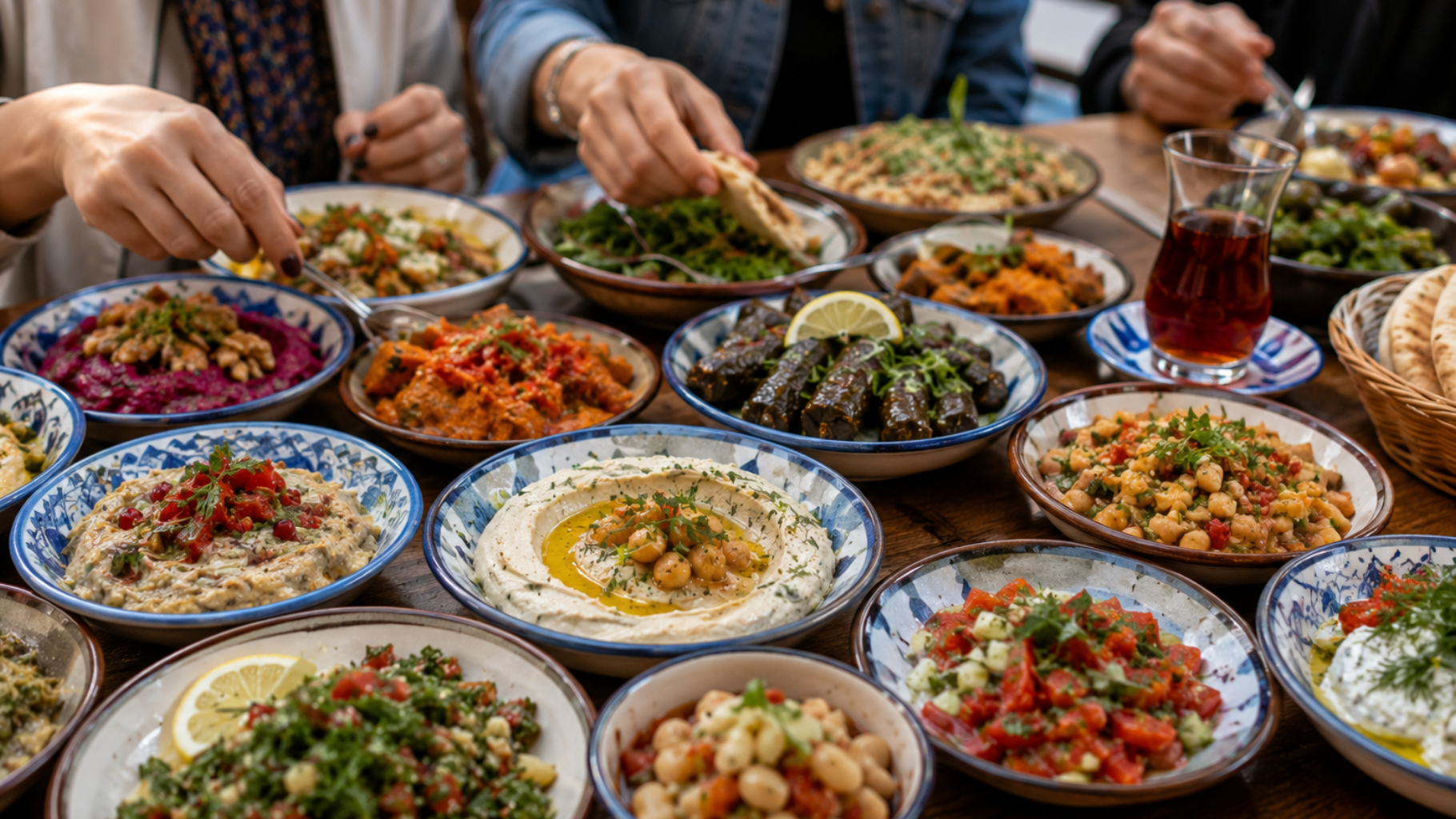 Selection of Turkish vegetarian mezes served during a food tour in Kadıköy Istanbul