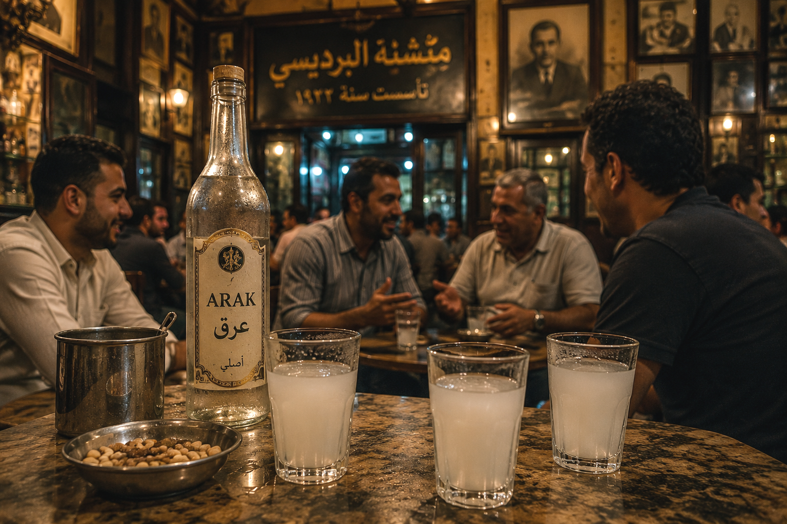Traditional arak served in a historic Downtown Cairo bar during an evening gathering
