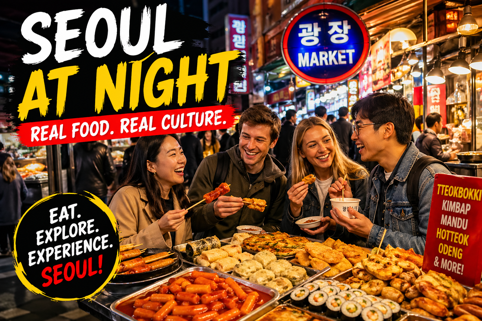 Travelers exploring Seoul food culture at night with local snacks in a lively Seoul street market