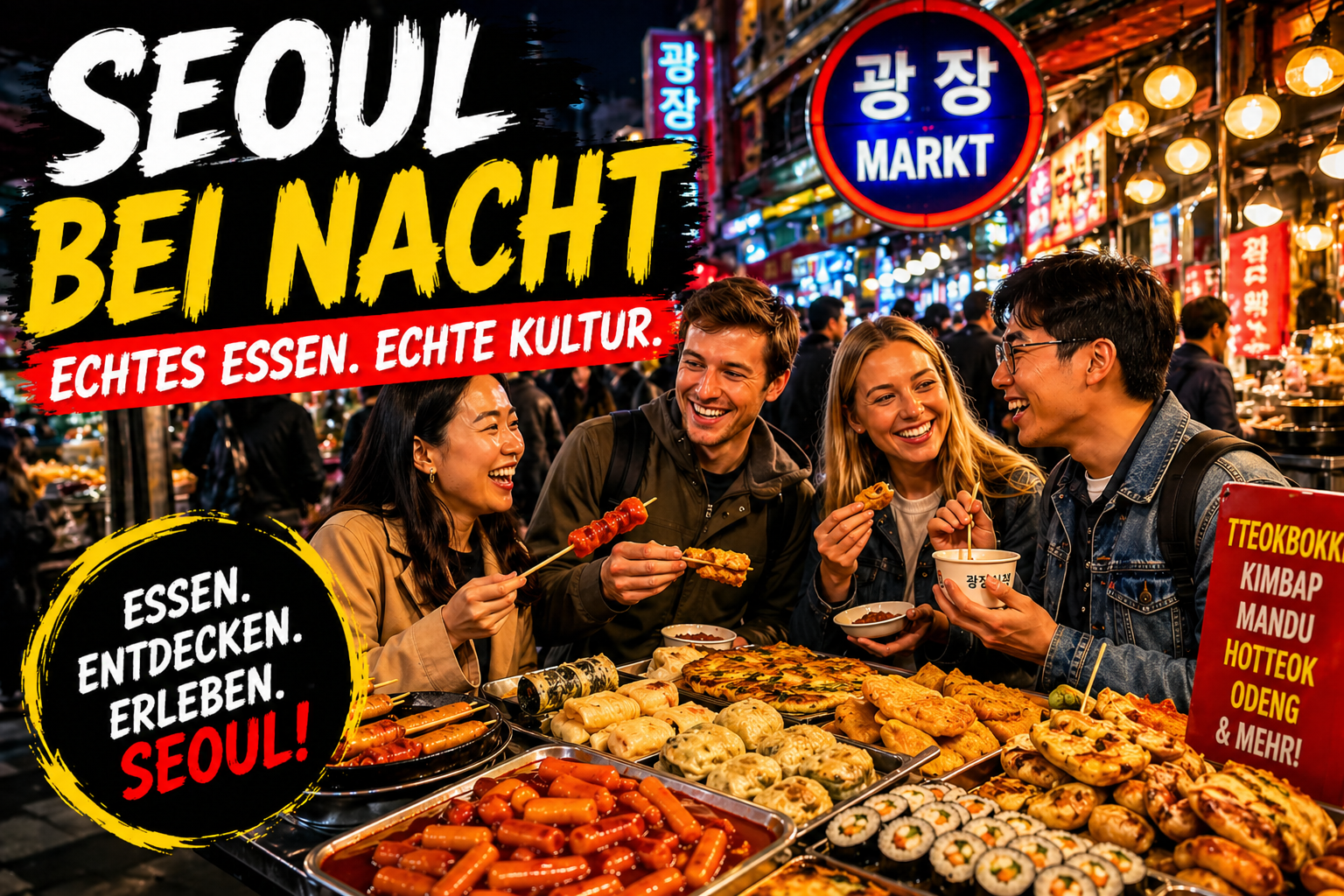 Reisende entdecken Seouls Food-Kultur nachts mit lokalen Snacks auf einem lebhaften Straßenmarkt