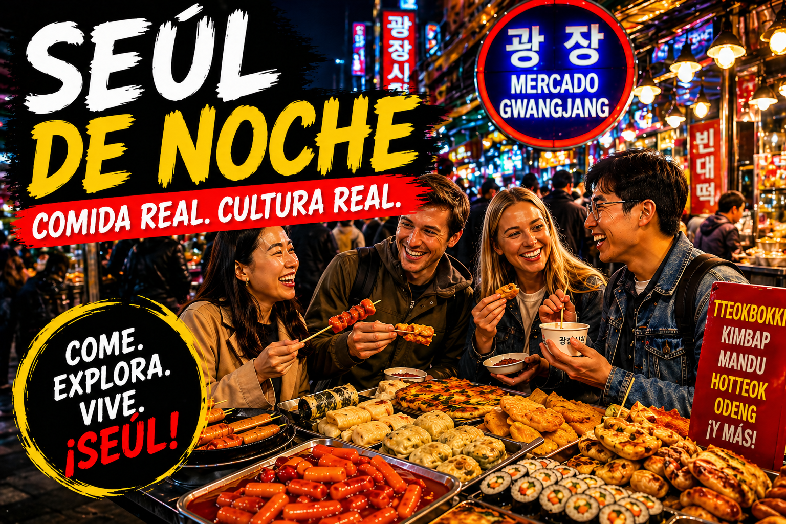 Viajeros explorando la cultura gastronómica de Seúl por la noche en un mercado callejero animado
