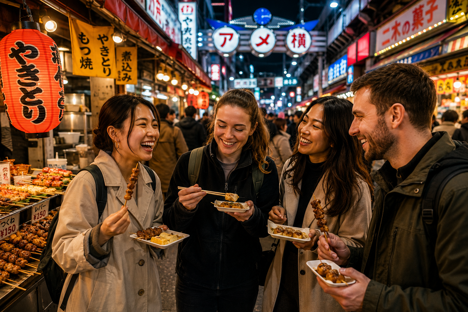 Voyageurs découvrant la vie nocturne Tokyo et la street food japonaise authentique Ueno et Ameyoko
