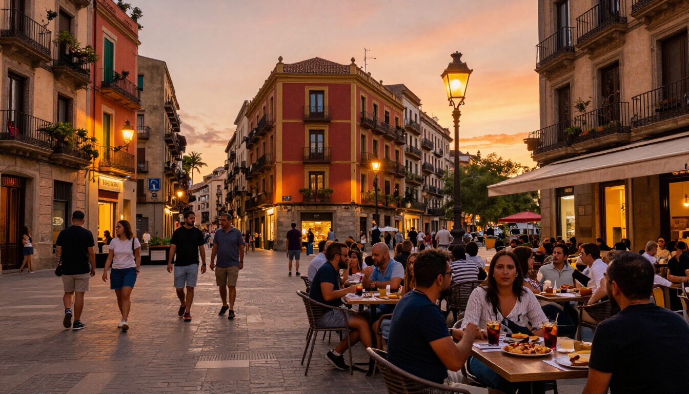 Vista de las animadas plazas de Gràcia y el ambiente local de Barcelona durante una cálida tarde de verano