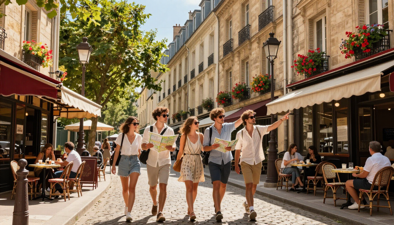 Voyageurs découvrant les ruelles et cafés emblématiques du Marais pendant l'été