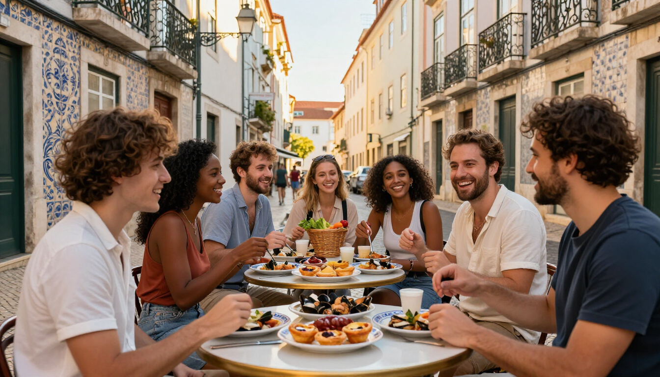 Reisende genießen authentische portugiesische Spezialitäten in einer geführten Food Tour in Lissabon