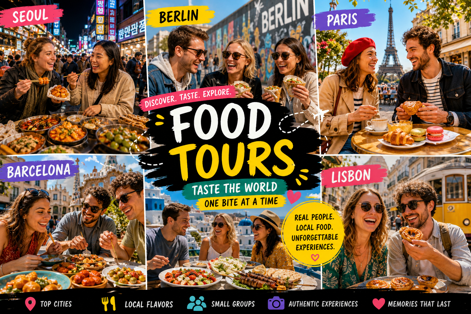 Travelers enjoying food tours in different cities around the world with local dishes