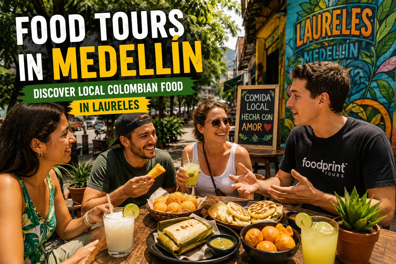 Travelers enjoying authentic Colombian food and street food in Laureles Medellín