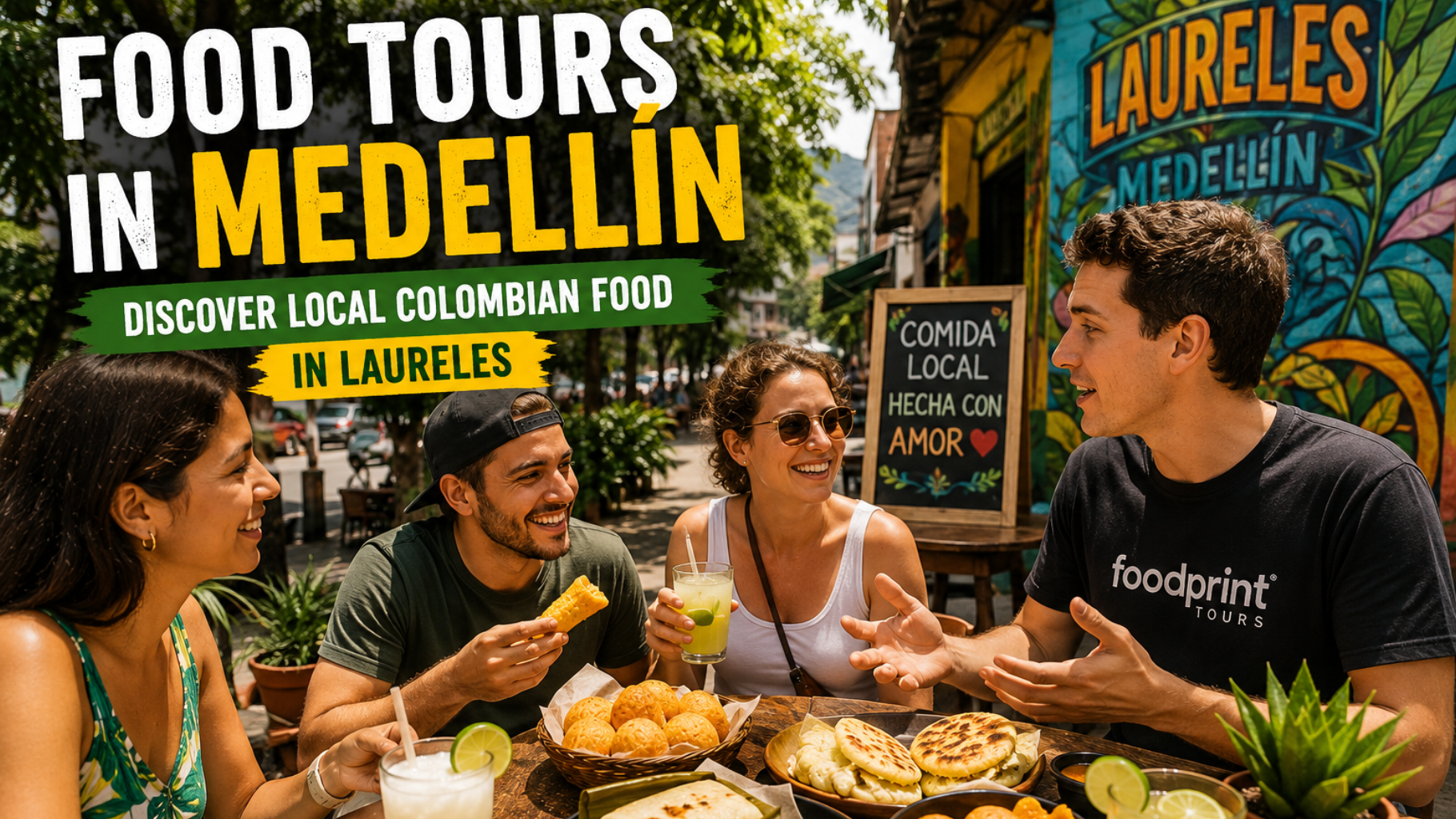 Traditional Colombian snacks and tropical drinks served during a food tour in Laureles Medellín
