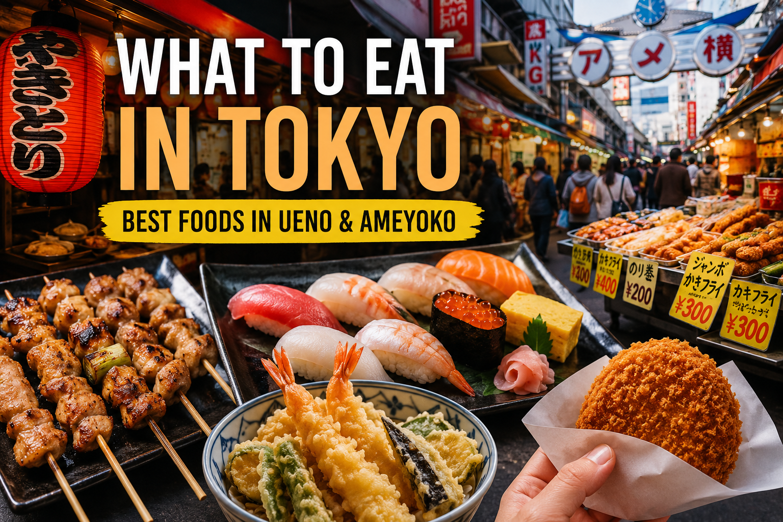 Travelers exploring authentic Japanese street food and local snacks in Tokyo’s Ueno Ameyoko Market