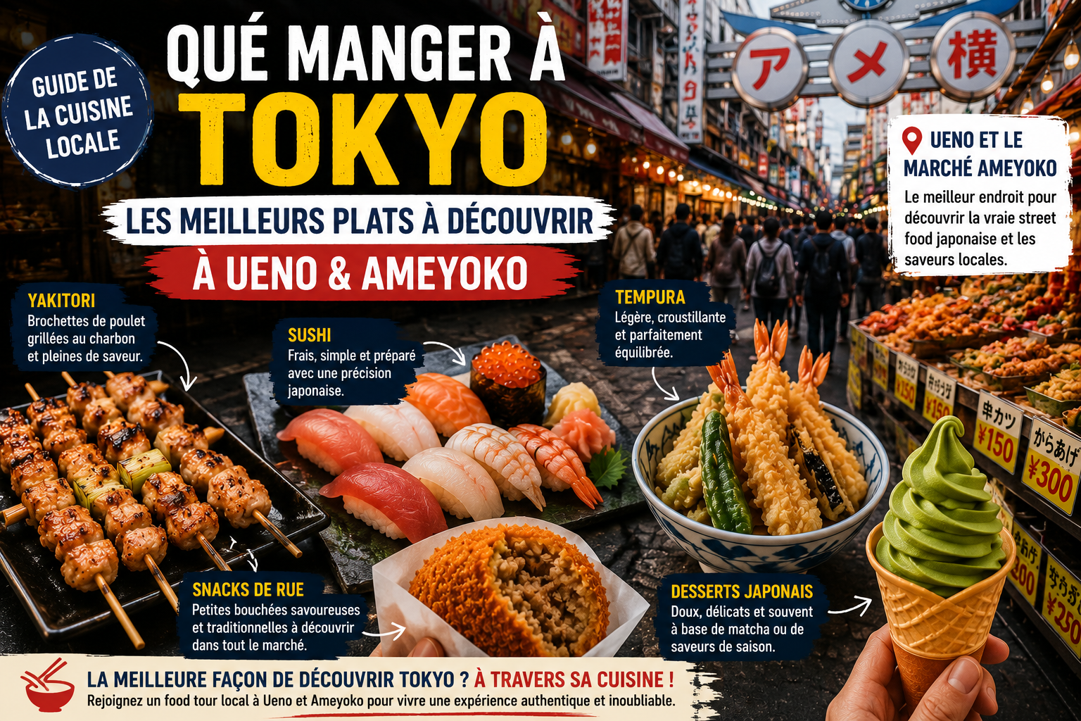 Voyageurs découvrant la street food japonaise authentique et des snacks locaux à Ueno marché Ameyoko