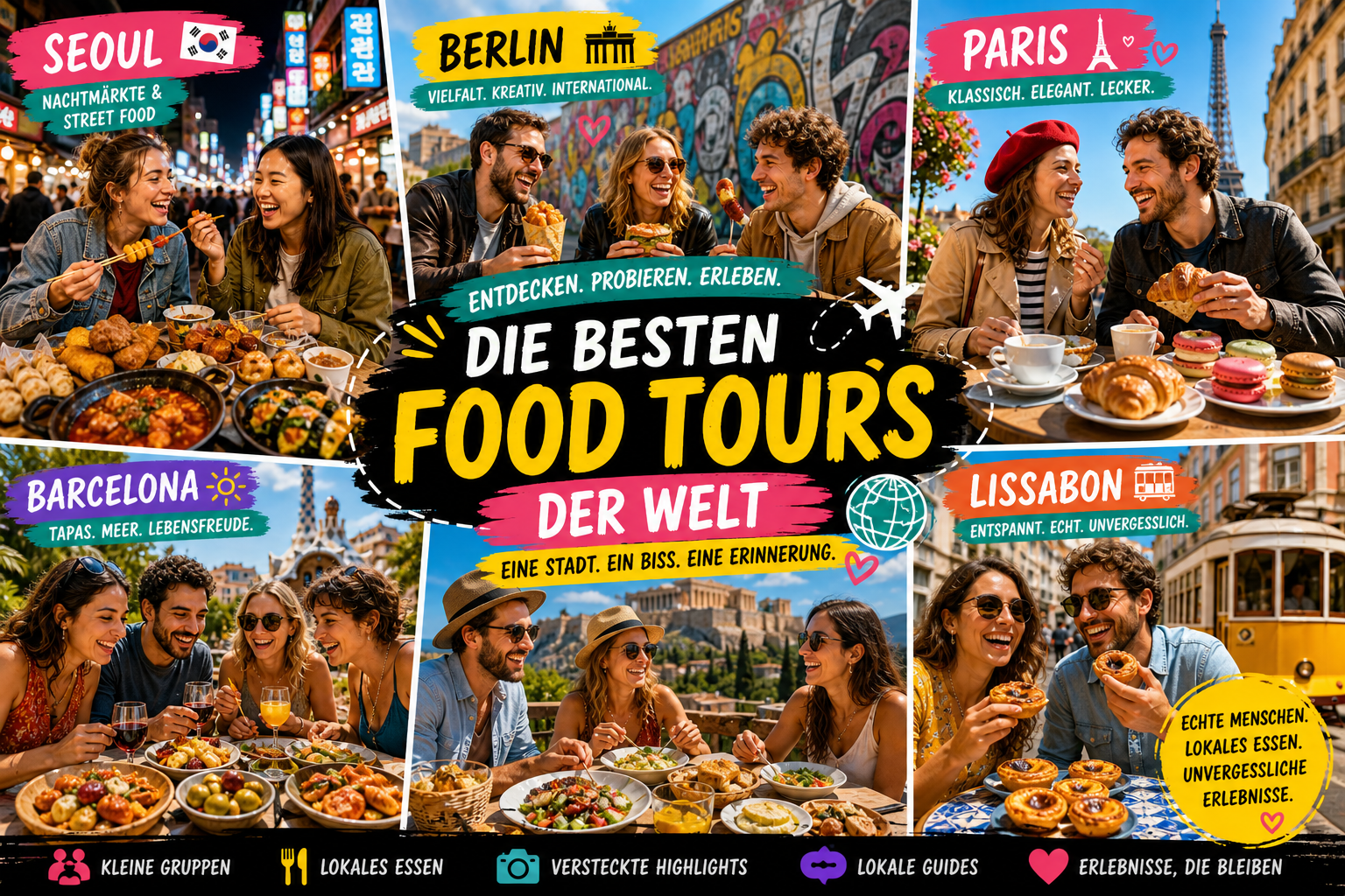 Reisende genießen Food Tours in verschiedenen Städten weltweit mit lokalen Gerichten und lebendigen 