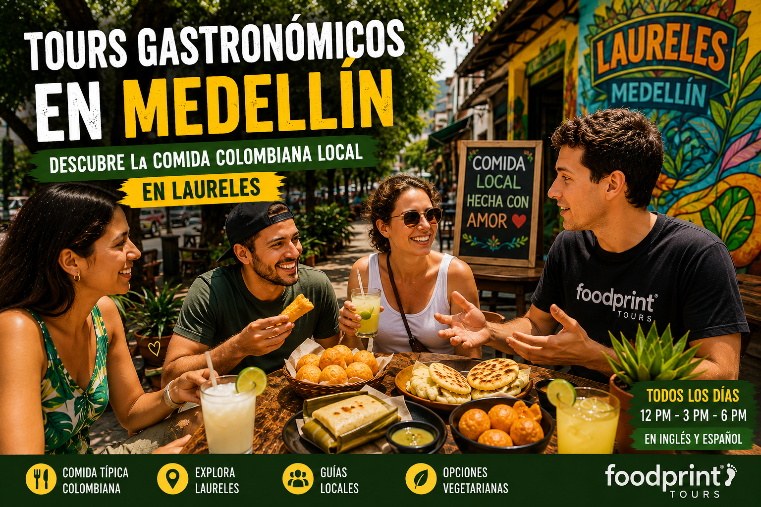 Viajeros disfrutando comida colombiana auténtica y street food en Laureles Medellín