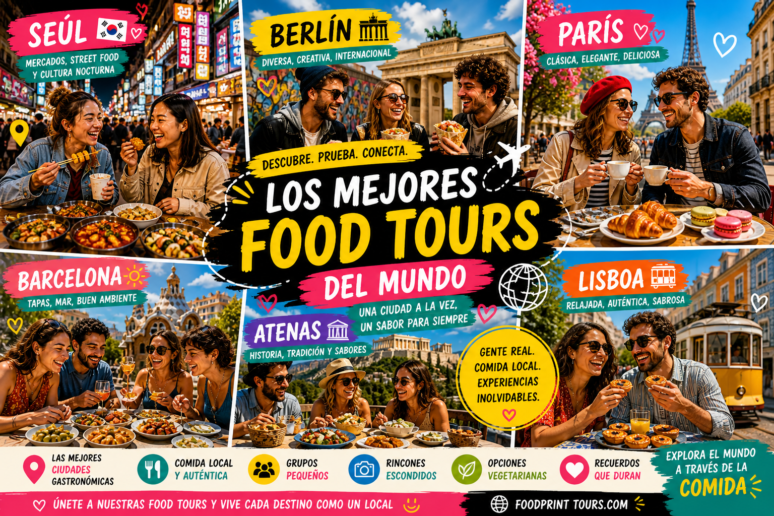 Viajeros disfrutando food tours en distintas ciudades del mundo con comida local y escenas urbanas 