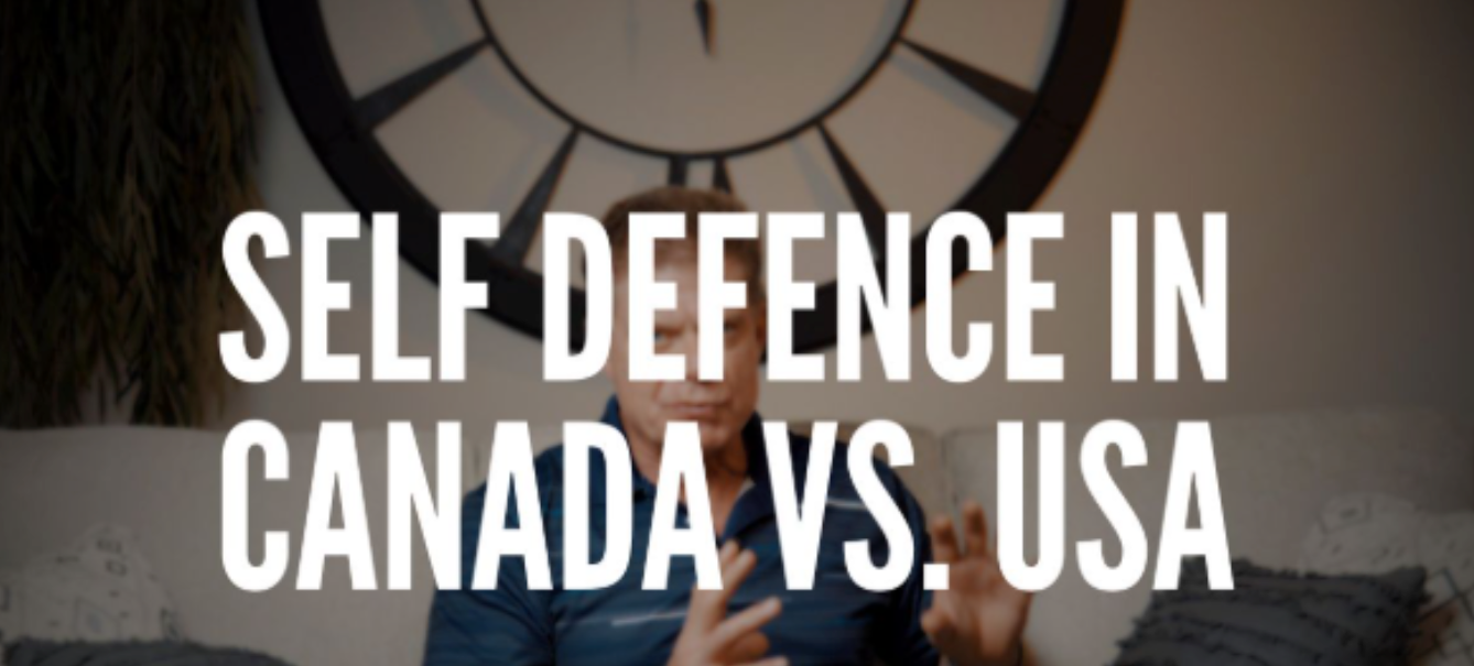 A man sitting on a couch with the words self defence in canada vs usa