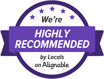 A purple badge that says `` we 're highly recommended by locals on alignable ''