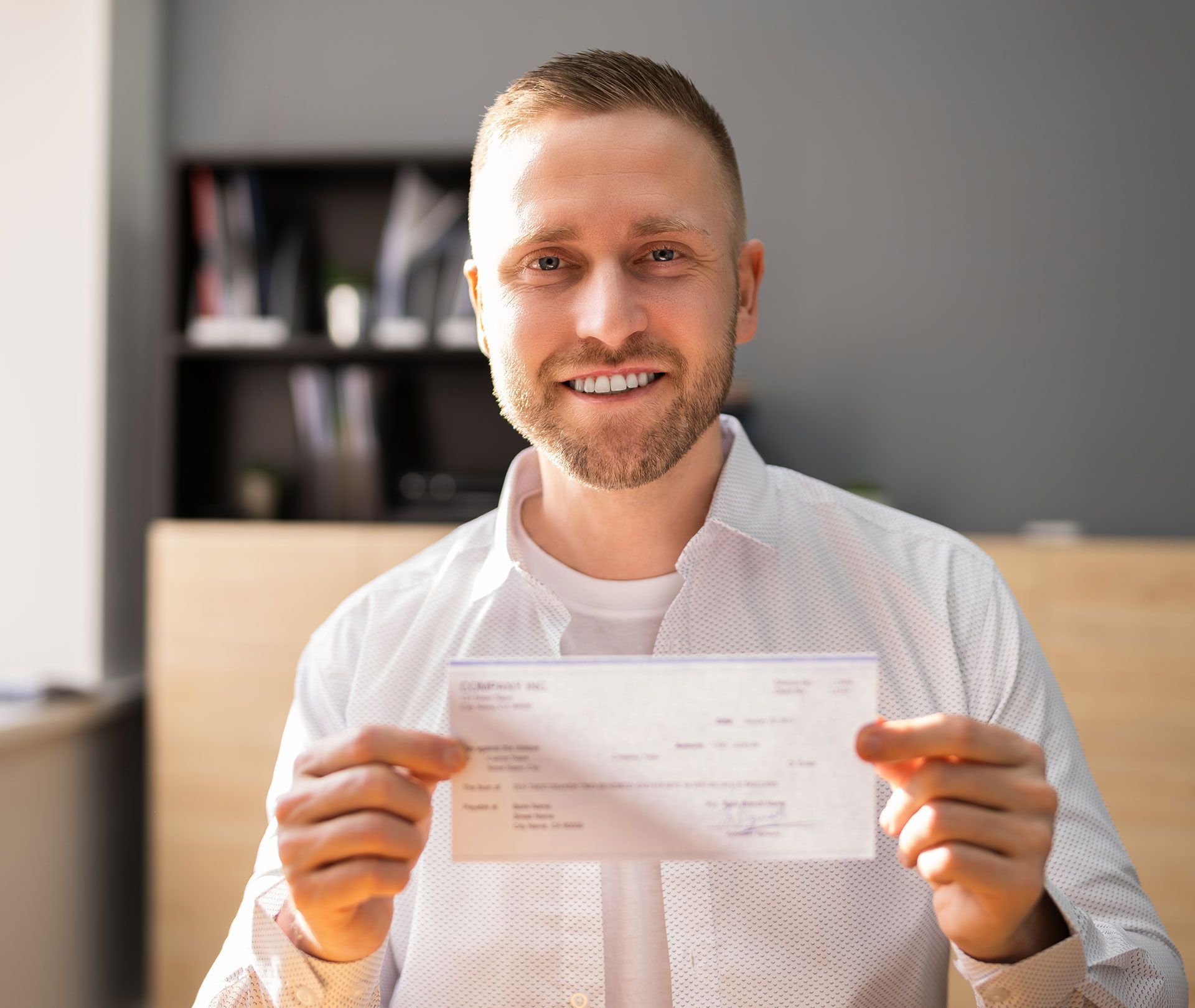 A man is holding a check in his hands and smiling.