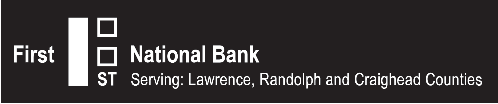 A black and white logo for first national bank