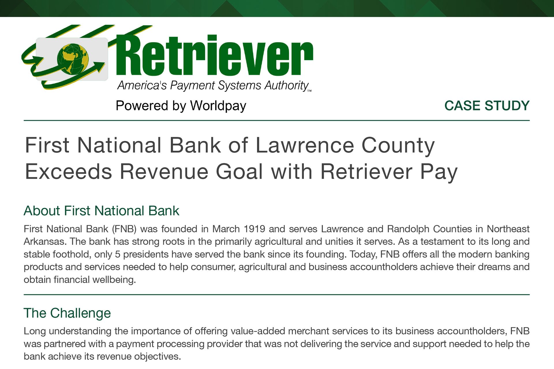 The first national bank of lawrence county exceeds revenue goal with retriever pay